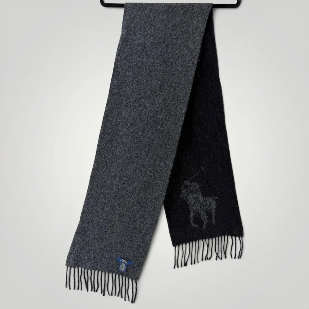 Polo Ralph Lauren Scarf Mens Gray Reversible Wool Fringe Italy Big Pony Logo